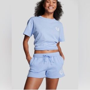 VS PINK Harbor Blue Two-Piece Athletic Campus Lounge Set with Laurel Wreath Logo